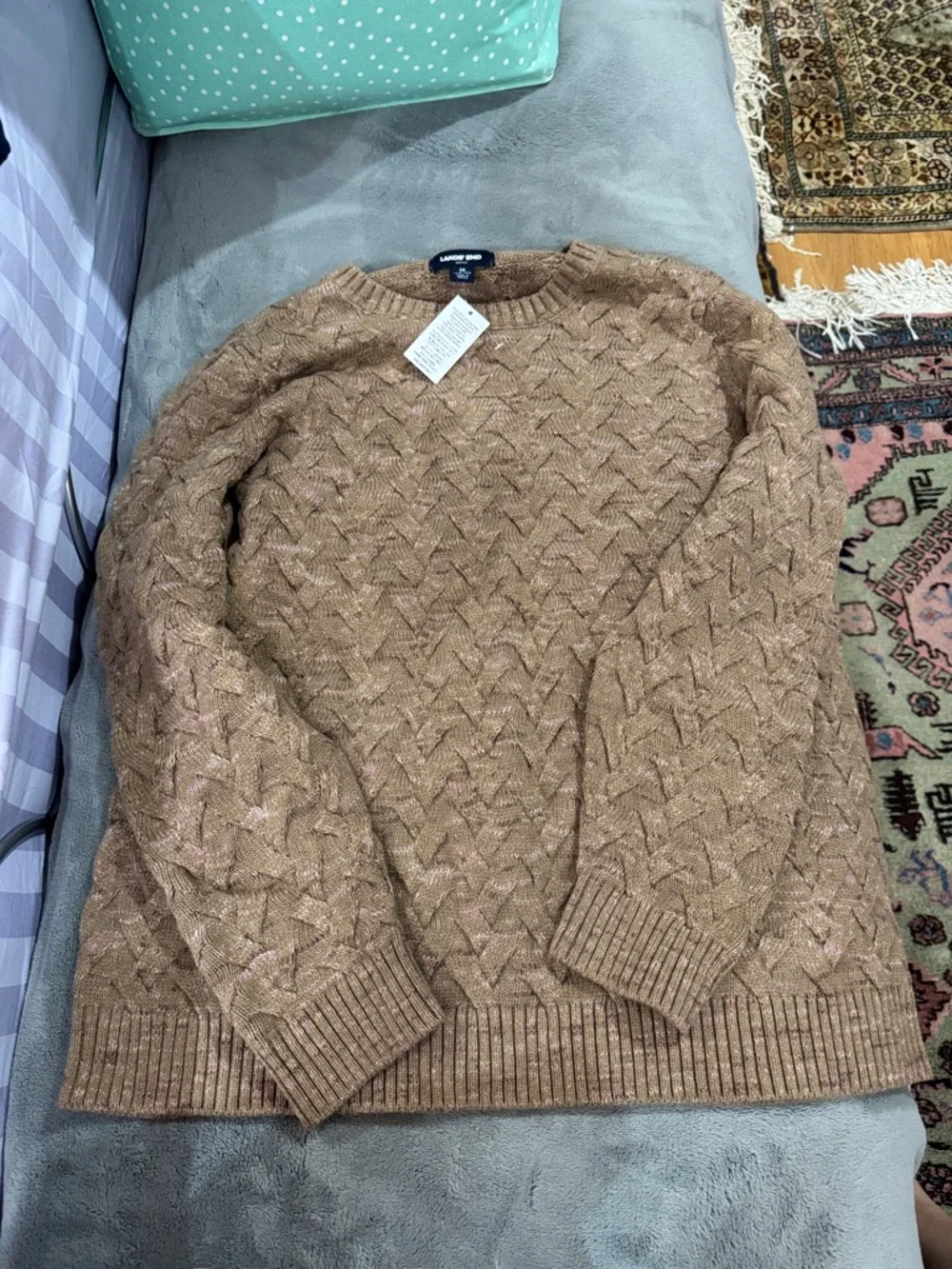 NWT Lands' End Women’s Drifter Cable Crewneck Sweater in Tan with Pink Flecks